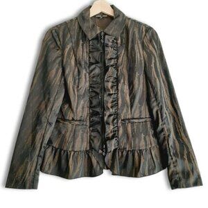 SAMUEL DONG Ruffle Front & Hem Zip-Up Front Blazer Black & Brown Abstract Sz XXS